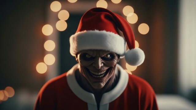 Scary creature in santa costume for Halloween or horror themed Christmas holiday. Creepy monster ready for spooky party. New Year evil character.