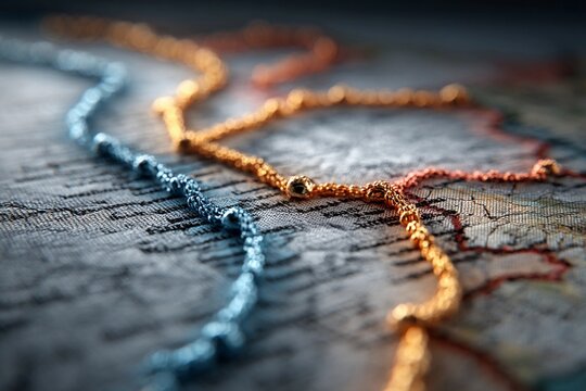 Curved Paths and Vibrant Lines Weave Across a Textured Map Landscape Generative AI