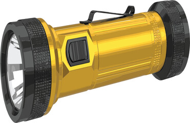 Professional 3D Vector Illustration of a Heavy-Duty Yellow and Black Flashlight Featuring a Clip for Emergency, Camping, or Outdoor Utility Equipment.