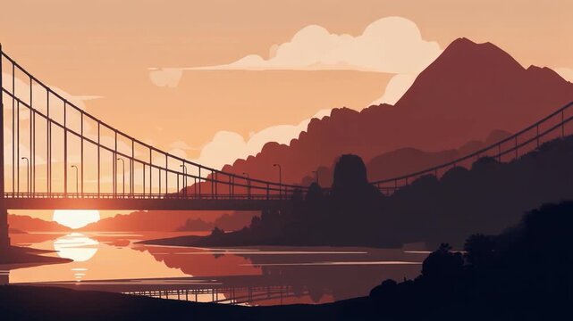 Golden Gate Bridge Silhouette at Sunset with Water Reflection and Mountain Backdrop