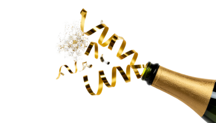 Golden confetti and streamers exploding from party poppers isolated on transparent background