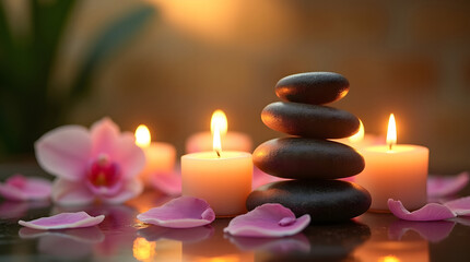 Zen stones stacked beside candles and orchid petals creating calming spa environment promoting relaxation meditation and spiritual well being in peace