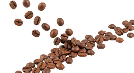 Obraz premium Pile of Falling Coffee Beans Dynamic Motion Close-up Macro Shot on White Background