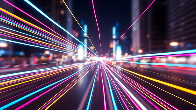 Dynamic Abstract Background with Streaking Neon Lights, Motion Blur, and Out-of-Focus Urban Cityscape