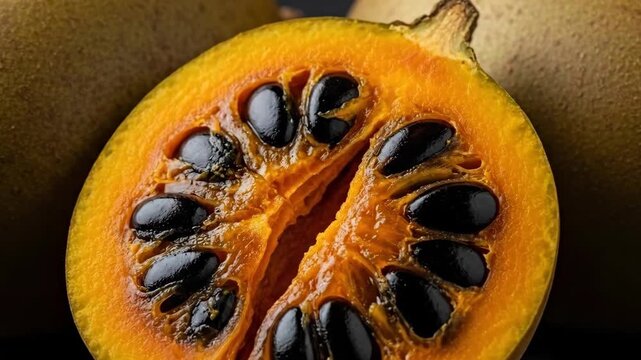 Closeup transition from whole to sliced sapote fruit revealing vibrant interior