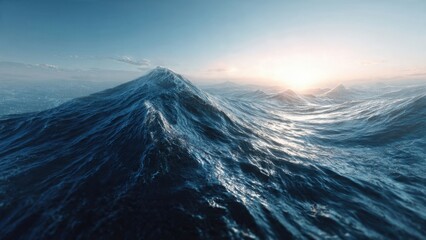 Breathtaking Ocean Waves Majestically Rising at Dawn with Serene Sky and Illuminating Sunlight in Captivating Seascape