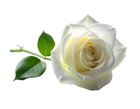 Angled White Rose with Partial Stem and Leaves, Minimalist Composition, Isolated PNG