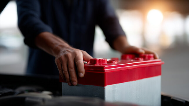 A realistic automotive repair scene under the hood of a car. Close-up view (not full body). The frame shows both hands of a mechanic carefully lifting or installing a large car bat