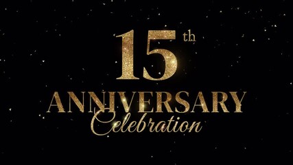 15th anniversary celebration with golden glitter confetti on transparent background. Golden anniversary text animation for corporate anniversary event.