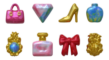 Glossy Luxury Accessories Emblems with 3D Design on Transparent Background