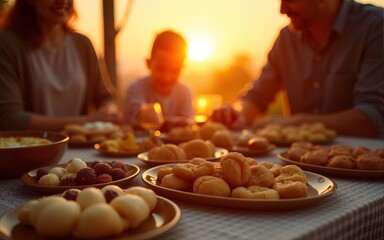 Warm golden sunset light illuminates a festive family gathering sharing delicious traditional middle eastern sweets and on transparent background eid. High quality