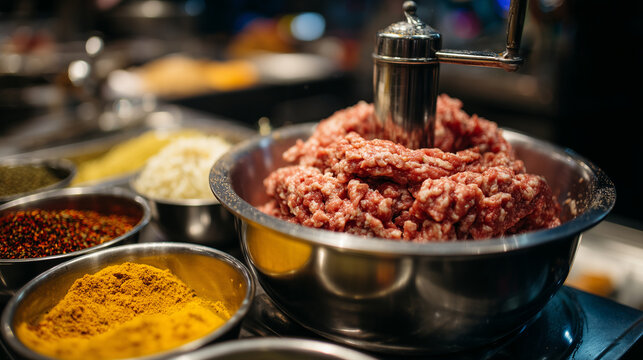 Side view of sausage mince rotating in a large grinder, bowls of mixed spices beside it, bright stainless steel surfaces reflecting light