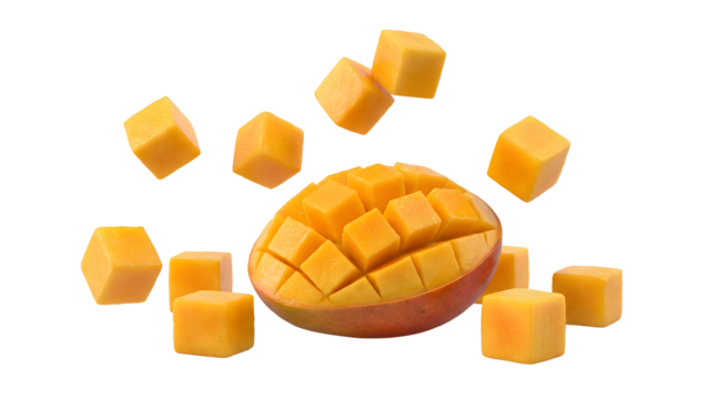 Falling mango cubes falling isolated on transparent background
