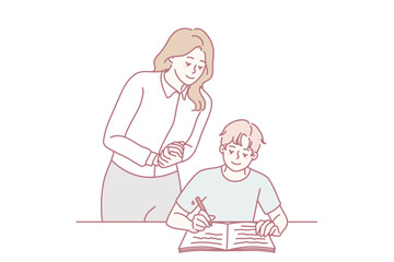 Teacher control boy child writing in notebook. Female tutor look at kid handwrite in classroom. School education concept. Vector illustration.