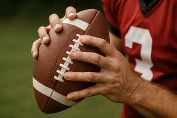 American Football Grip: A close-up view of a player gripping a regulation American football, focusing on the precision and anticipation.