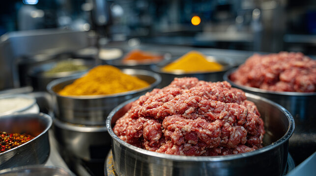 Different types of sausage mince rotating in large grinders, bowls of colorful spices nearby, hygienic and bright production environment
