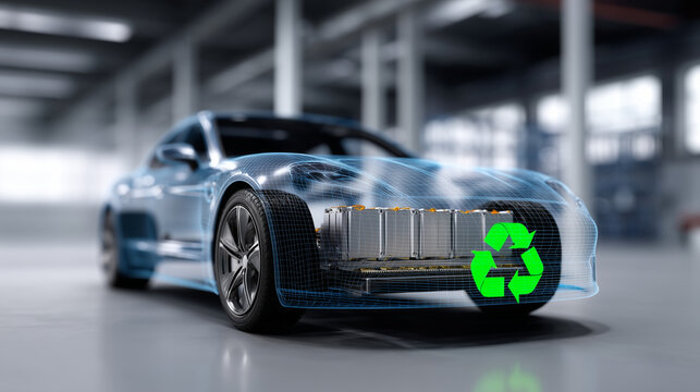 A high-resolution conceptual illustration of a modern electric vehicle shown in semi-transparent wireframe style, revealing the internal components. The car is positioned in a clea