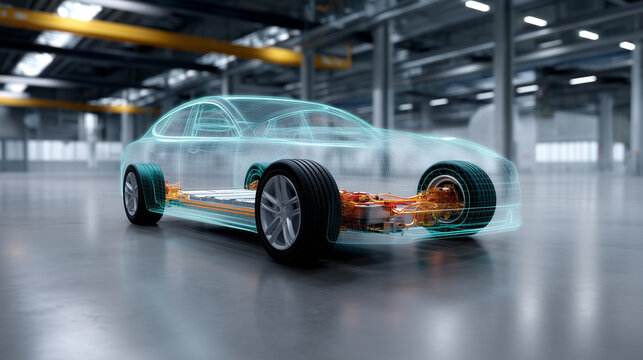 A hyper-realistic, high-tech 3D visualization of a modern electric vehicle inside a clean industrial garage. The car is shown in a semi-transparent wireframe style, revealing the f - Powered by Adobe