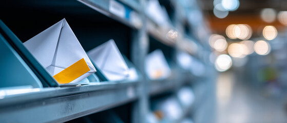 Close-up of white envelopes with yellow labels in metal sorting racks in a mailroom with blurred background and bokeh lights