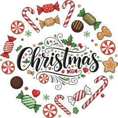 Isolated a Christmas candy design vector template. Calligraphic Christmas Lettering Decorated. Christmas poster template. vector art with white background..