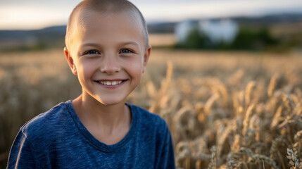 Child with no hair stands proudly in a vast wheat field, golden sunlight highlights his smiling face, representing optimism during chemotherapy