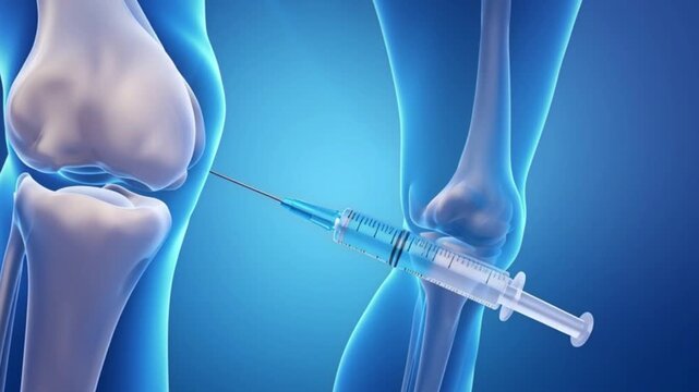 Medical injection into knee joint showing syringe delivering treatment inside bone structure with anatomical illustration perfect for health videos arthritis therapy education and medical animation co