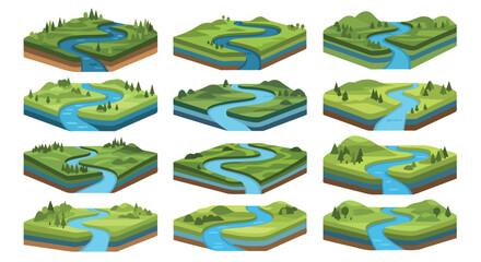 River landscapes isometric set with green hills