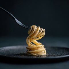 A fork holds twirled pasta on a plate, sprinkled with a dark savory powder.