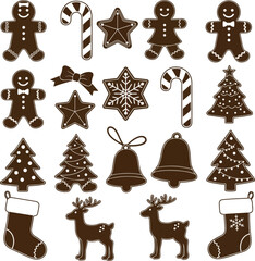 Isolated a kinds of deferent Christmas gingerbread cookie silhouette. Holiday templates for cutter craft machine. Cut shape for stencil isolated on white background. Flat vector art .
