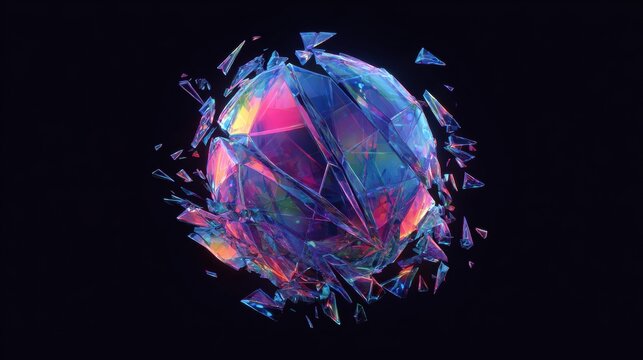 Abstract sphere with iridescent polygonal shards, set against a stark black backdrop.