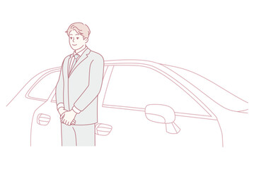 man standing beside car in suit, professional car salesman offering keys with confident smile, urban dealership backdrop, polished sedan, light reflection on chrome, handshake-ready posture,