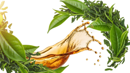 A dynamic splash of liquid tea surrounded by fresh green tea leaves in a refreshing beverage composition isolated on transparent background