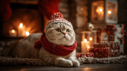 Festive cat in sweater by cozy fireplace holiday decor warm atmosphere close-up view adorable concept