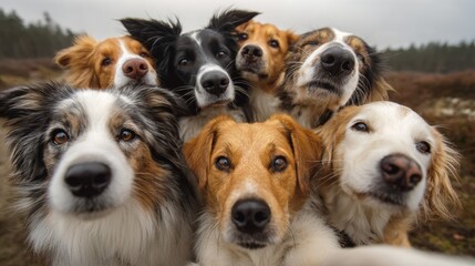 A cheerful gathering of various dog breeds stands closely together showcasing their playful expressions. The lush greenery in the background adds to the lively atmosphere of the outdoor scene.
