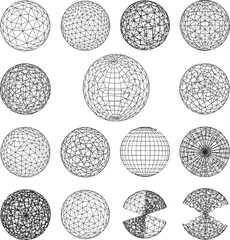 Isolated a kinds of deferent Wireframe sphere in different positions. Globe Grid set. Planet Earth orb vector outline vector art with white background..