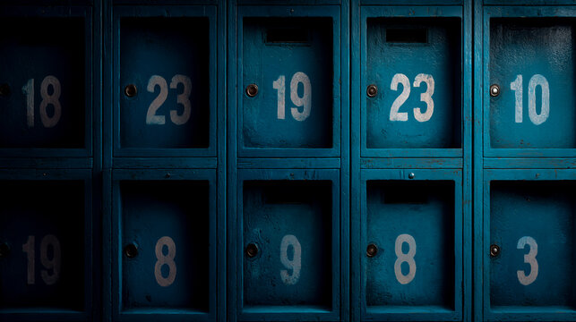 Blue lockers with numbers, solid background, close-up, high-resolution photography, high detail, professional color grading, soft shadows, no black watercolor mockup - Powered by Adobe