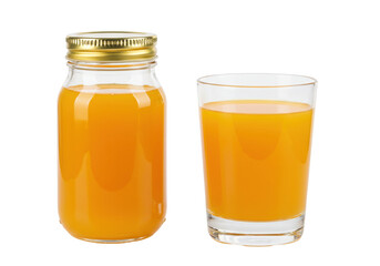 Isolated jar and glass of fresh orange juice on a bright background, ready to drink