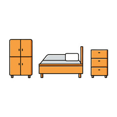 Simple orange bedroom furniture set illustration: bed, wardrobe