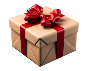 Obraz premium Gift box wrapped in light brown paper with a red satin ribbon and bow isolated on transparent background