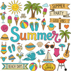  Isolated a Summer lettering. Set hand drawn icons, signs and banners. Bright summertime poster. Collection Summer hand drawn elements for summer holiday and party. Summer Typographic. vector art.