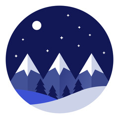 Stylized winter night mountain range, snow, trees, moon, stars
