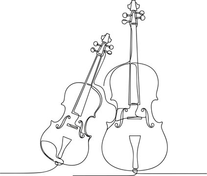 Isolated a Violin and cello in one continuous line drawing. String musical instrument for orchestra and concert banner in simple linear style. Editable stroke. Doodle vector art with white background