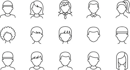 Minimalist human face icons, cartoon head silhouettes, diverse hairstyles, flat vector avatar set, cad drawing flat vector illustration