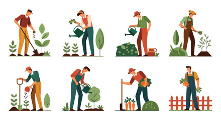 Farmers working in garden with plants and tools