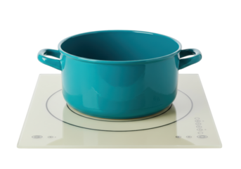 Isolated turquoise metal saucepan on induction cooktop for cooking at home, nobody around