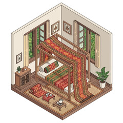 Isometric illustration of a luxurious traditional bedroom with decor details