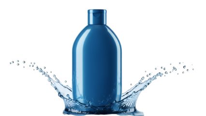 A blue bottle of liquid shampoo with a splash of water, isolated on a transparent background