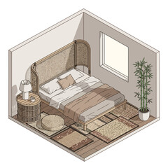 Isometric illustration of a serene bedroom with natural elements