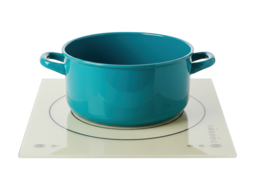Isolated turquoise metal saucepan on induction cooktop for cooking at home, nobody around