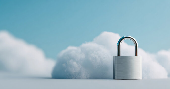 Silver padlock standing on flat surface with soft white clouds in the background symbolizing cloud security and data protection concepts